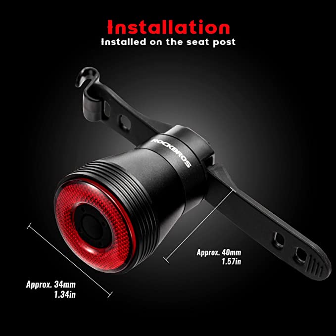 ROCKBROS intelligens újratölthető kerékpár hátsó lámpa, 60 lumen, 4 mód, IP65 vízálló, automatikus bekapcsolással