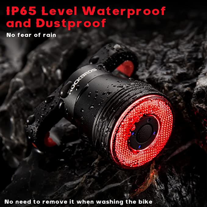 ROCKBROS intelligens újratölthető kerékpár hátsó lámpa, 60 lumen, 4 mód, IP65 vízálló, automatikus bekapcsolással