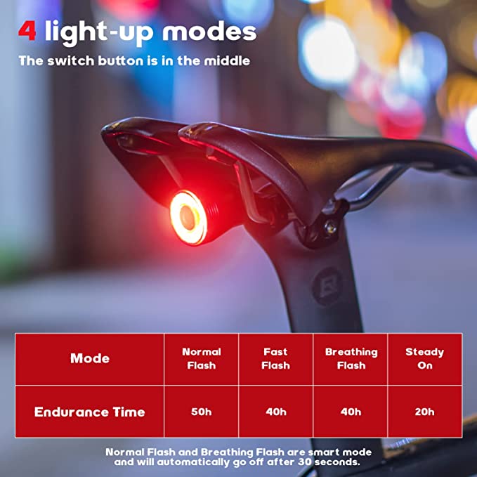 ROCKBROS intelligens újratölthető kerékpár hátsó lámpa, 60 lumen, 4 mód, IP65 vízálló, automatikus bekapcsolással