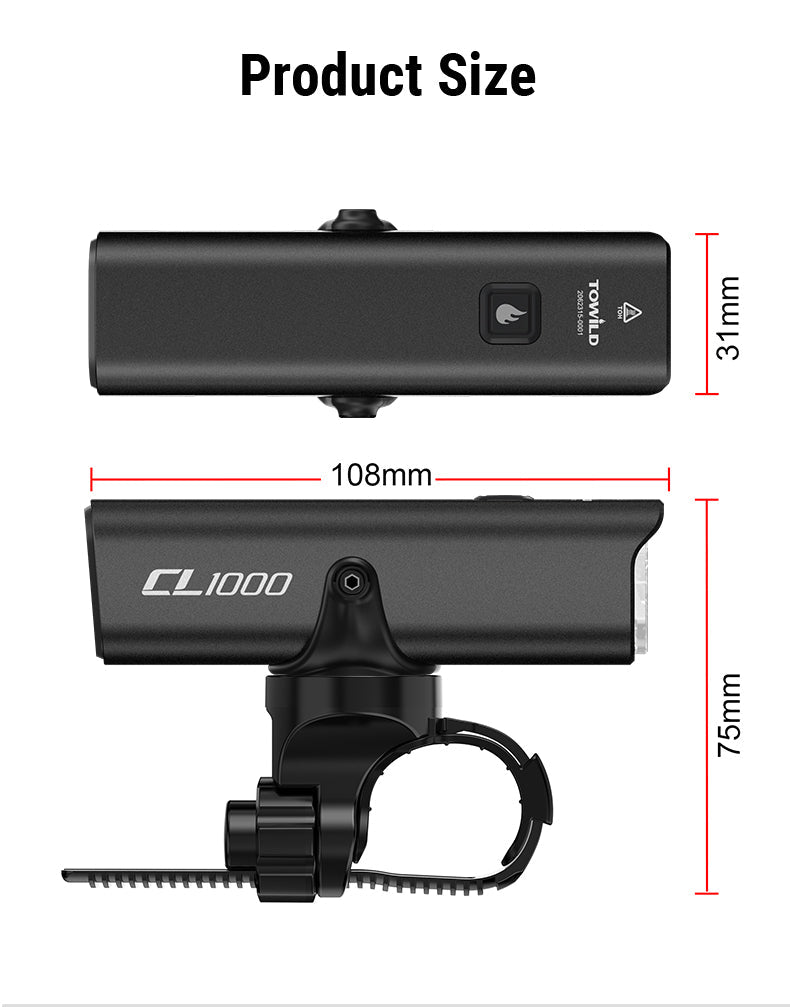 TOWILD CL1000 kerékpáros lámpa éjszakai kerékpározáshoz kompatibilis a Garmin/GoPro Mount 1000 Lumen fényes kerékpáros fényszóróval 4000 mAh akkumulátorral vízálló kerékpáros lámpa ingázókhoz