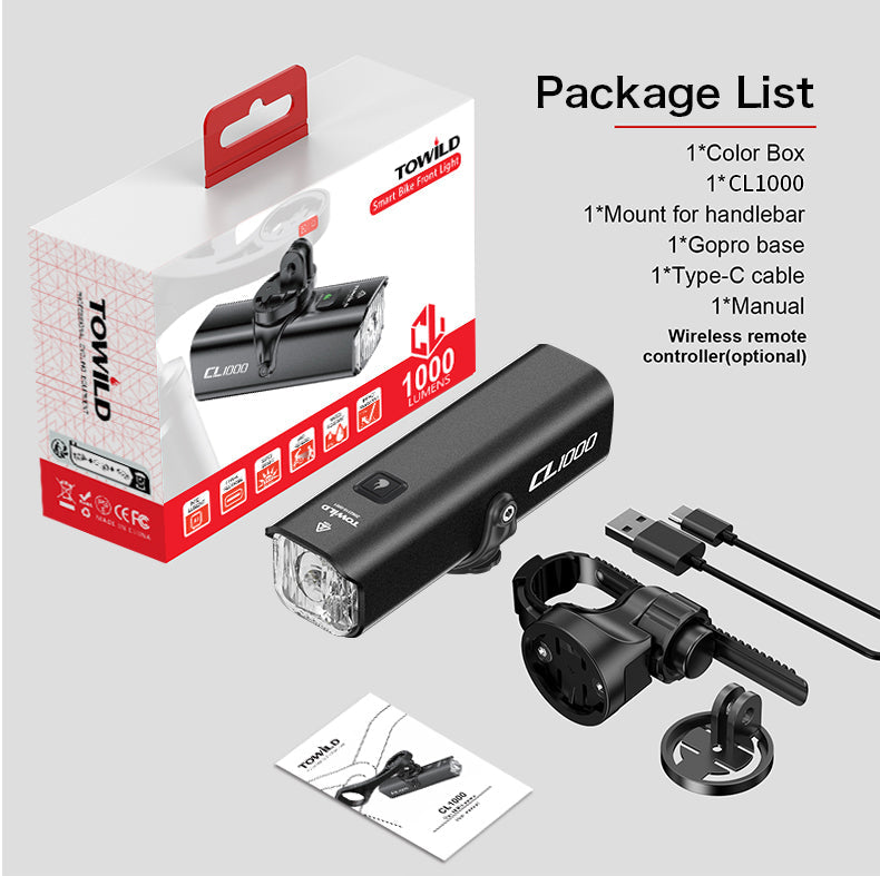 TOWILD CL1000 kerékpáros lámpa éjszakai kerékpározáshoz kompatibilis a Garmin/GoPro Mount 1000 Lumen fényes kerékpáros fényszóróval 4000 mAh akkumulátorral vízálló kerékpáros lámpa ingázókhoz
