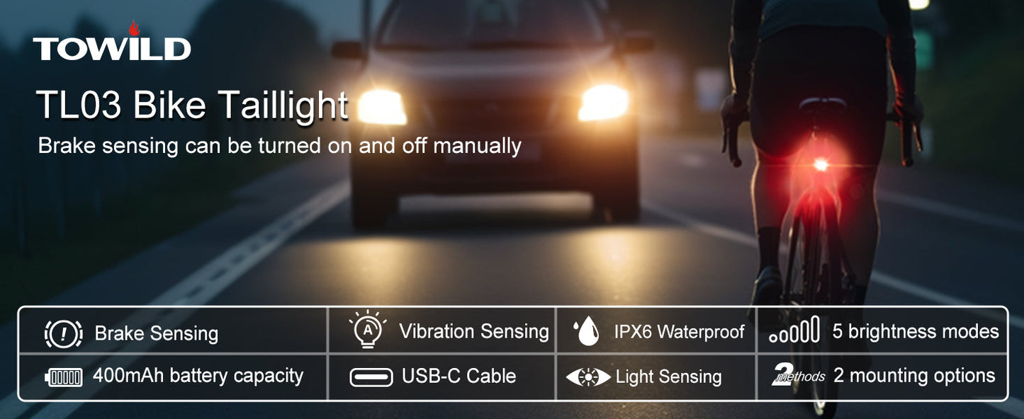 TOWILD TL03 Kerékpár hátsó lámpafék automatikus érzékelő kerékpáros hátsó lámpa USB újratölthető hátsó lámpa IPX7 vízálló 3 biztonsági mód Ultra fényes éjszakai biztonságos motorozáshoz