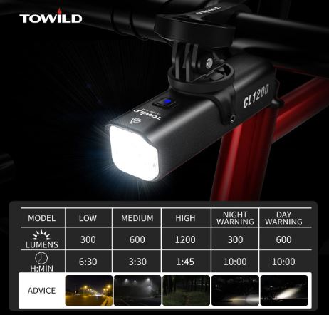 TOWILD CL1200 Garmin/GoPro Mount kompatibilis 1200 4000 mAh akkumulátoros vízálló kerékpáros lámpa ingázókhoz